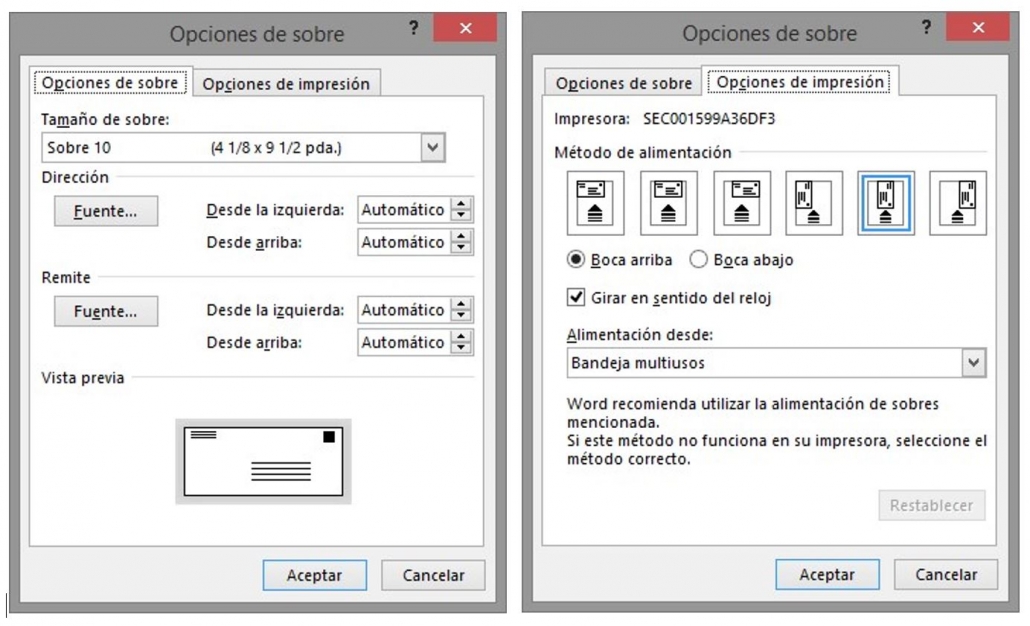 Opciones de Sobre y de Impresión